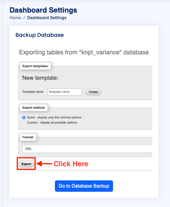 Dashboard Settings Database Backup